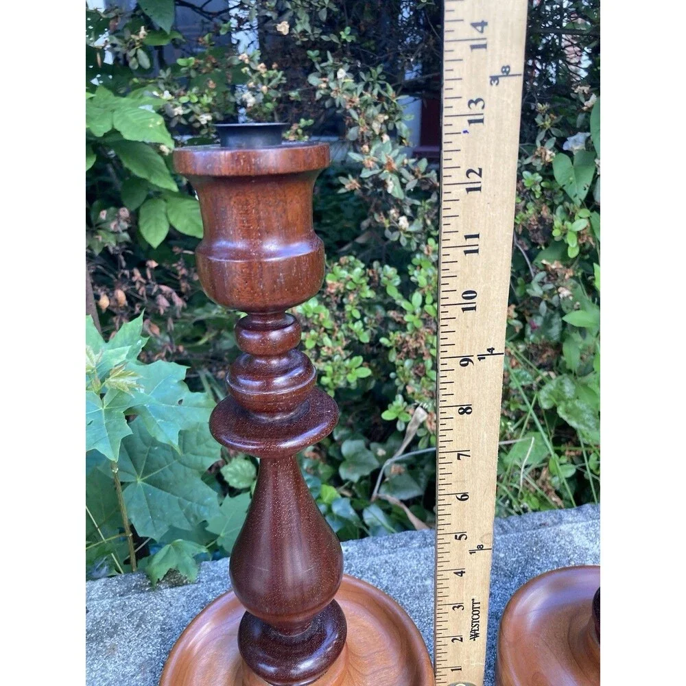 Vintage Hand Turned Wood Candlestick Taper Holders Brass Insert Fruitwood